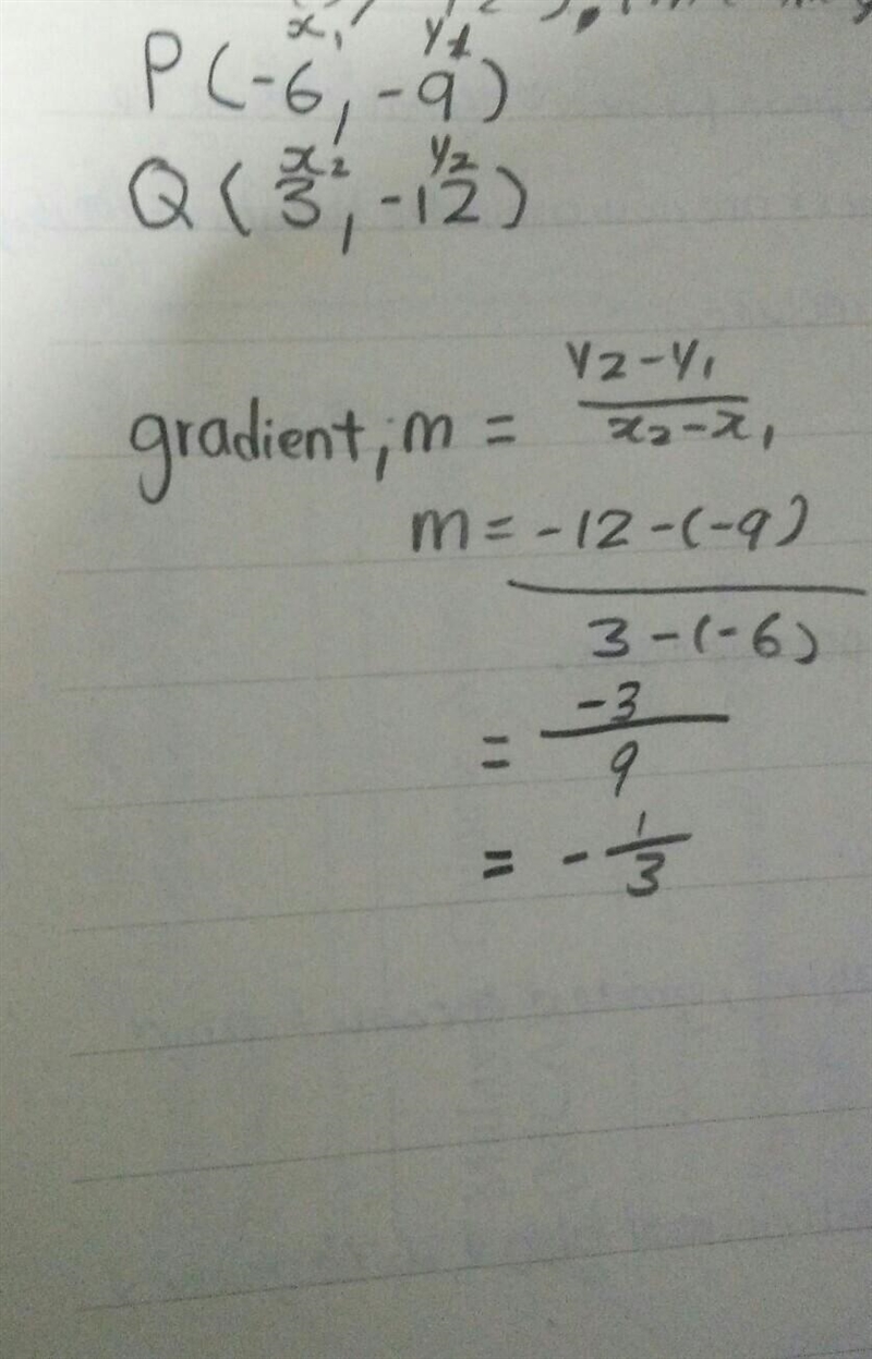 Straight line AB is perpendicular to the straight line joining p(-6,-9) and Q(3,-12). Find-example-1