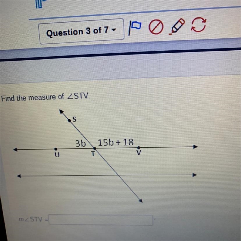 Find the measure of ZSTV. S 3b 15b + 18 U T-example-1