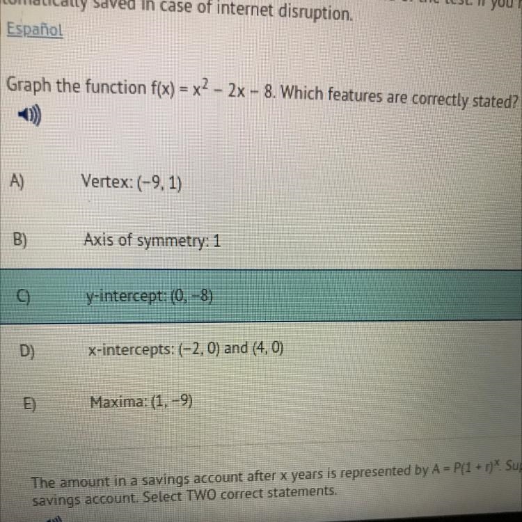 Graph the function f(x) = x2 – 2x – 8. Which features are correctly stated?-example-1