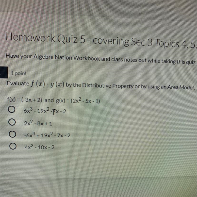 1 1 point Evaluate f (x) · g(x) by the Distributive Property or by using an Area Model-example-1