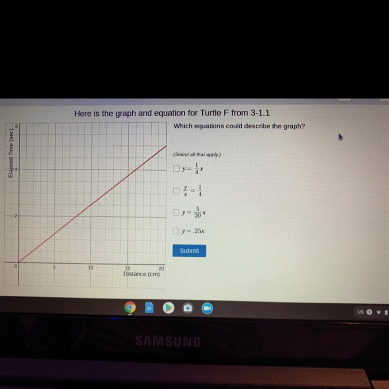 Here is the graph and equation for Turtle F from 3-1.1 Which equations could describe-example-1