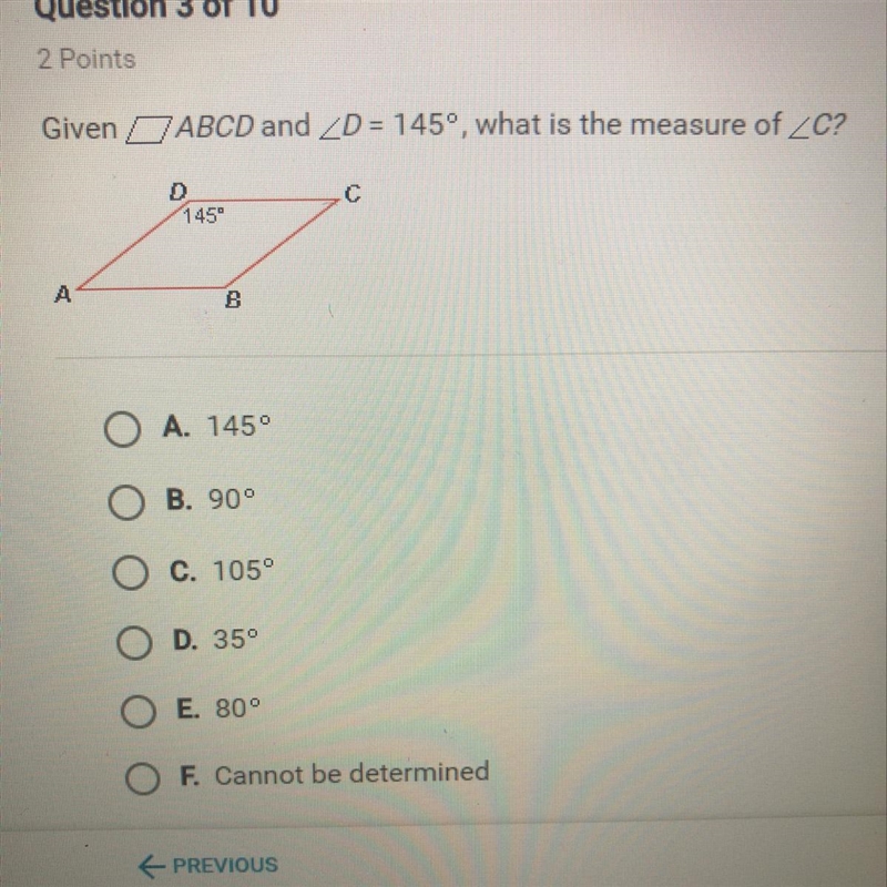 Given 1 ABCD and 2D = 1459, what is the measure of C? A. 1450 B. 900 C. 105° D. 35° E-example-1