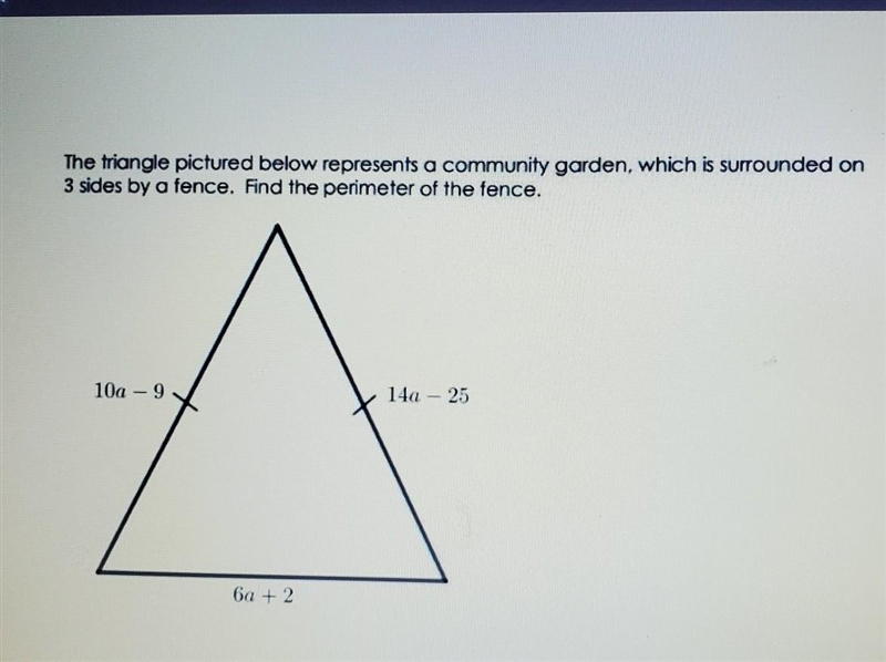 The triangle pictured below represents a community garden, which is surrounded on-example-1