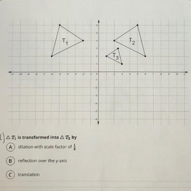 1) Triangle T1 is transformed into triangle T2 by a. dilation with scale factor of-example-1