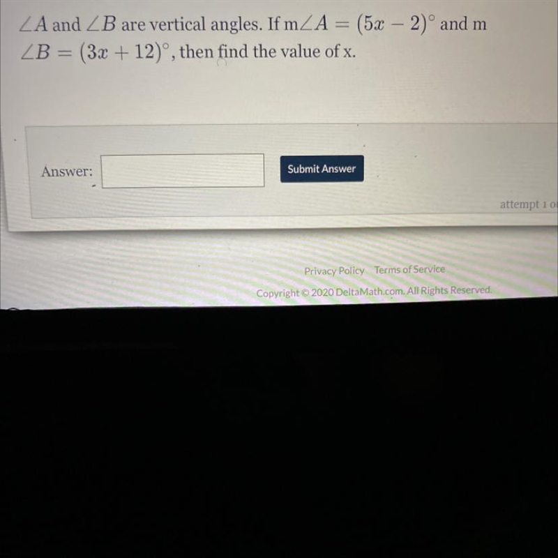 A and B are vertical angles. If m A = (5.x - 2)° and m B = (3r + 12), then find the-example-1