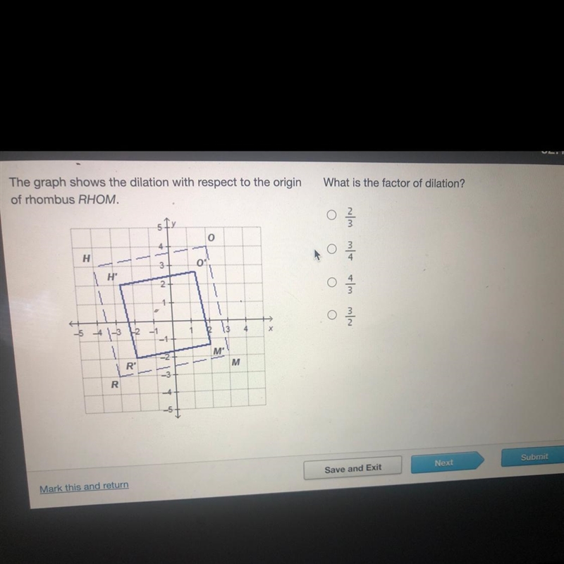 The graph shows a dilation with respect to the origin of rhombus RHOM. what is the-example-1