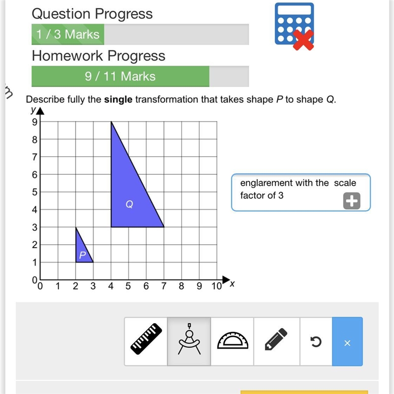 Describe fully the single transformation that takes shape P to the shape Q-example-1