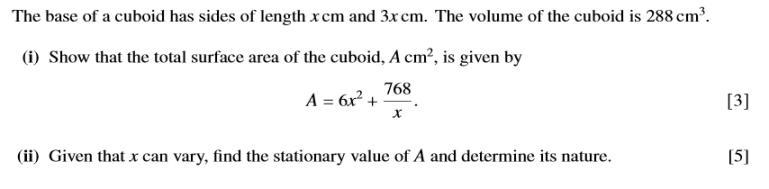 Need help with this total surface area and stationary point question (image attached-example-1