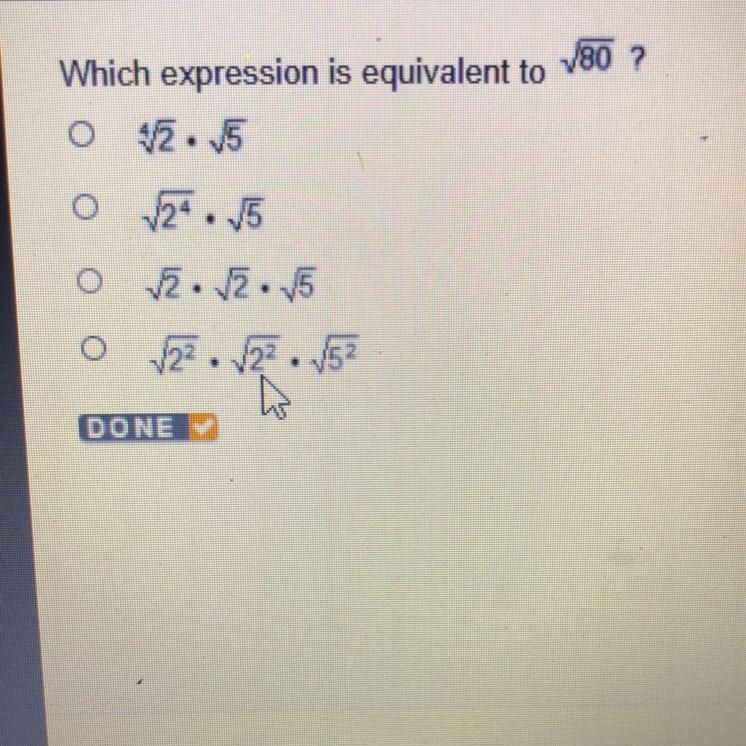 Which expression is equivalent to Start root80 ? O ^4start root2end root•√5 0 start-example-1