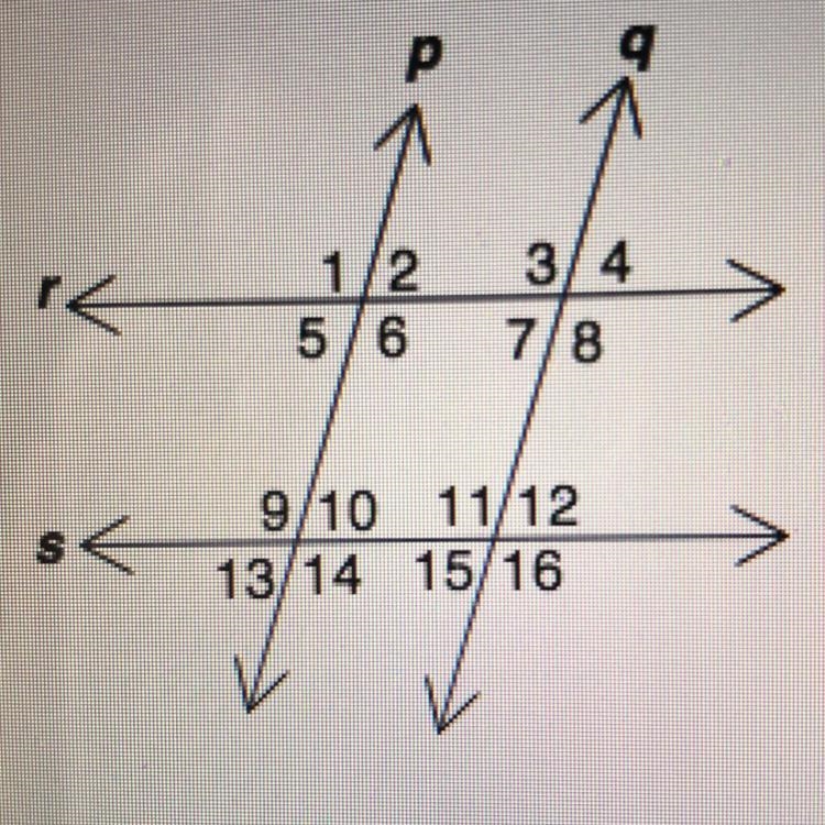 Given: 5=13 Which lines must be parallel? A) r and s B)p and q C)p and r D) q and-example-1