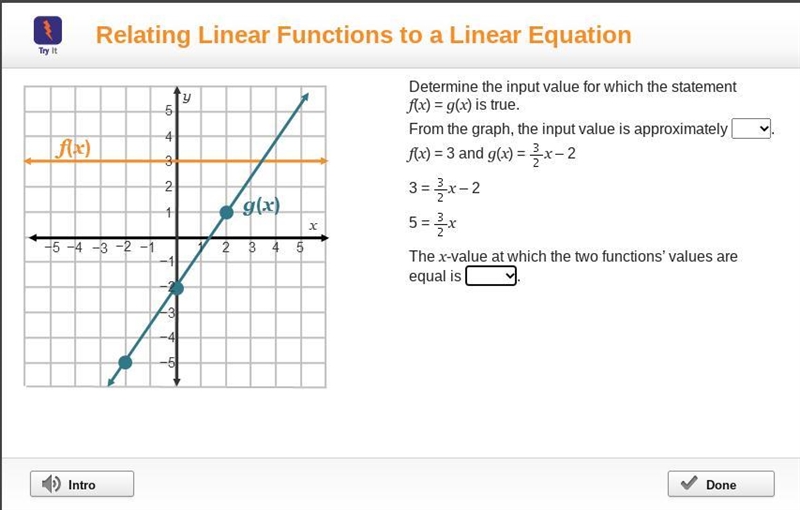 A coordinate grid with 2 lines. The first line is labeled f(x) and passes through-example-1