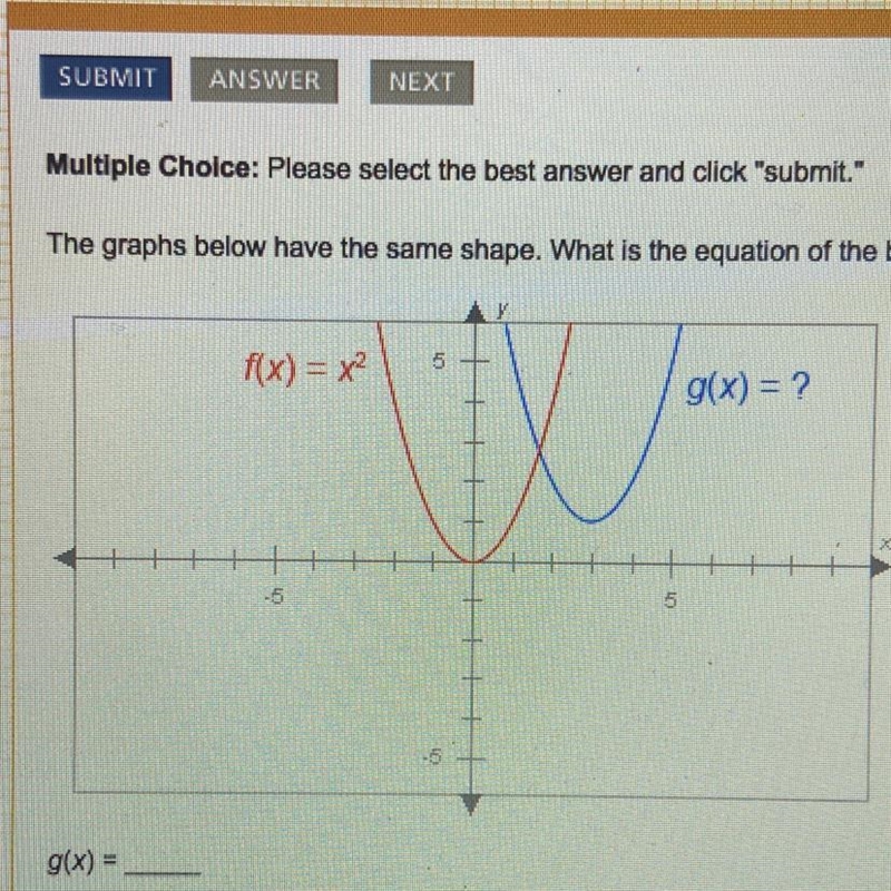 The graphs below have the same shape. What is the equation of the blue graph? g(x-example-1