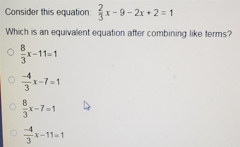 Consider this equation: {x-9 - 2x+2 = 1 Which is an equivalent equation after combining-example-1