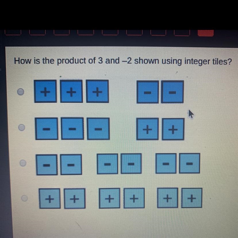 How is the product of 3 and -2 shown using integer tiles? :)-example-1