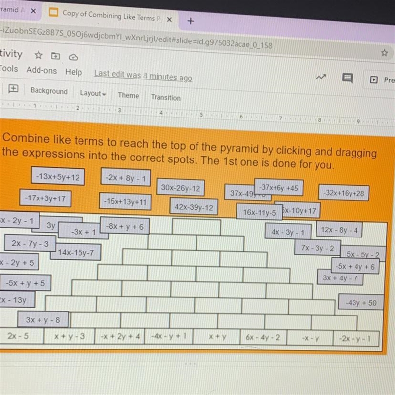 Combine like terms to reach the top of the pyramid by clicking and dragging the expressions-example-1