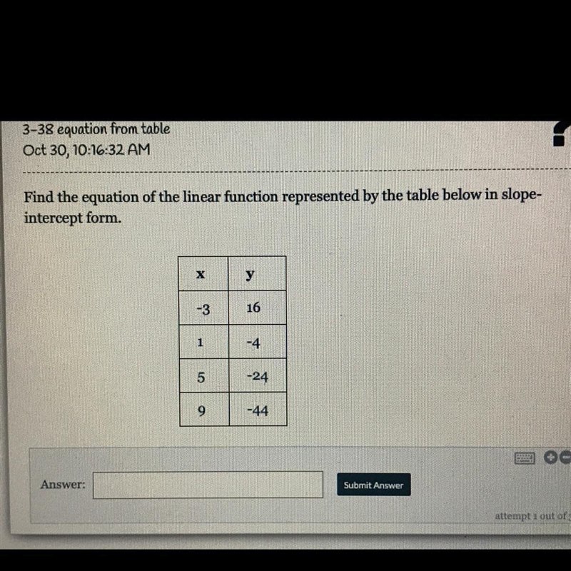 Find the equation of the linear function represented by the table below in slope-intercept-example-1