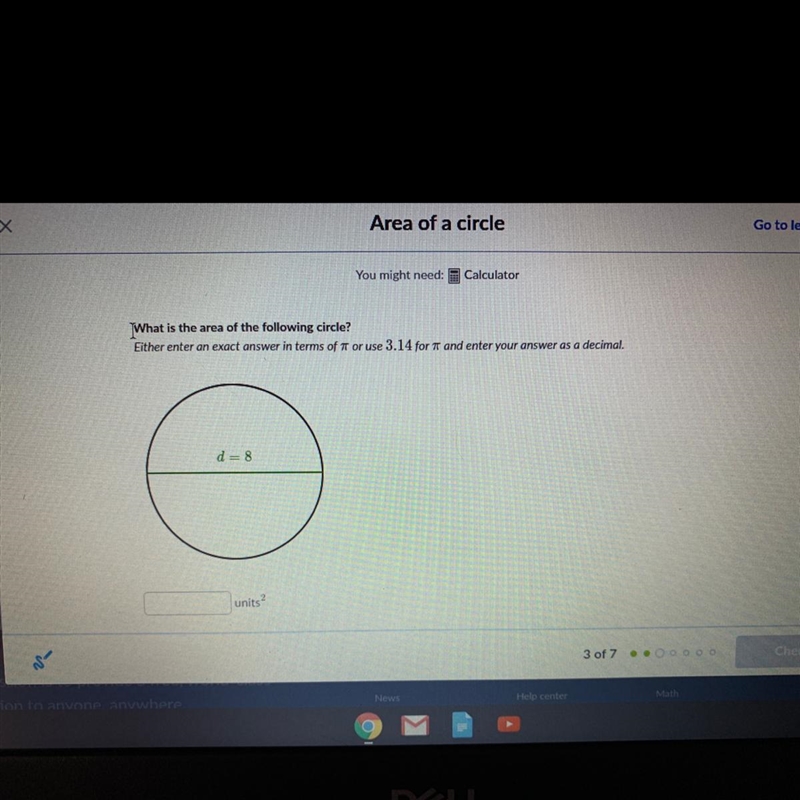 What is the area of the following circle?-example-1