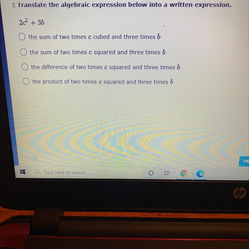 Translate the algebraic expression below into a written expression.-example-1