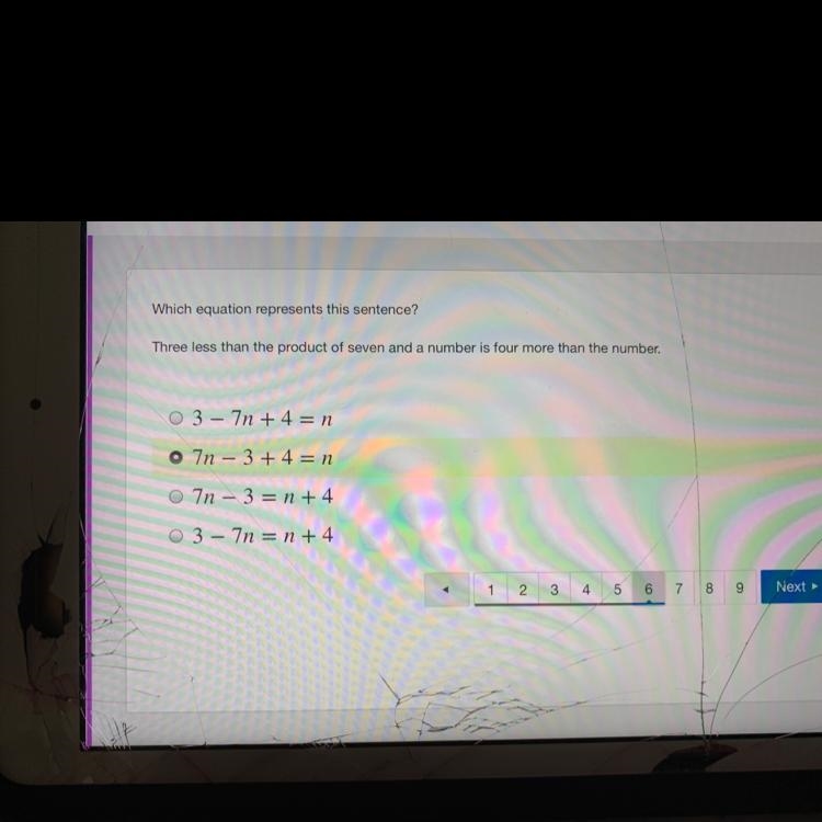 What equation represents 3 less than the product of 7 and a number is 4 more than-example-1