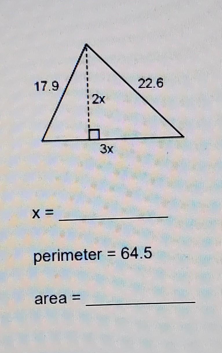 Find the x and the area of the shape perimeter is 64.5​-example-1