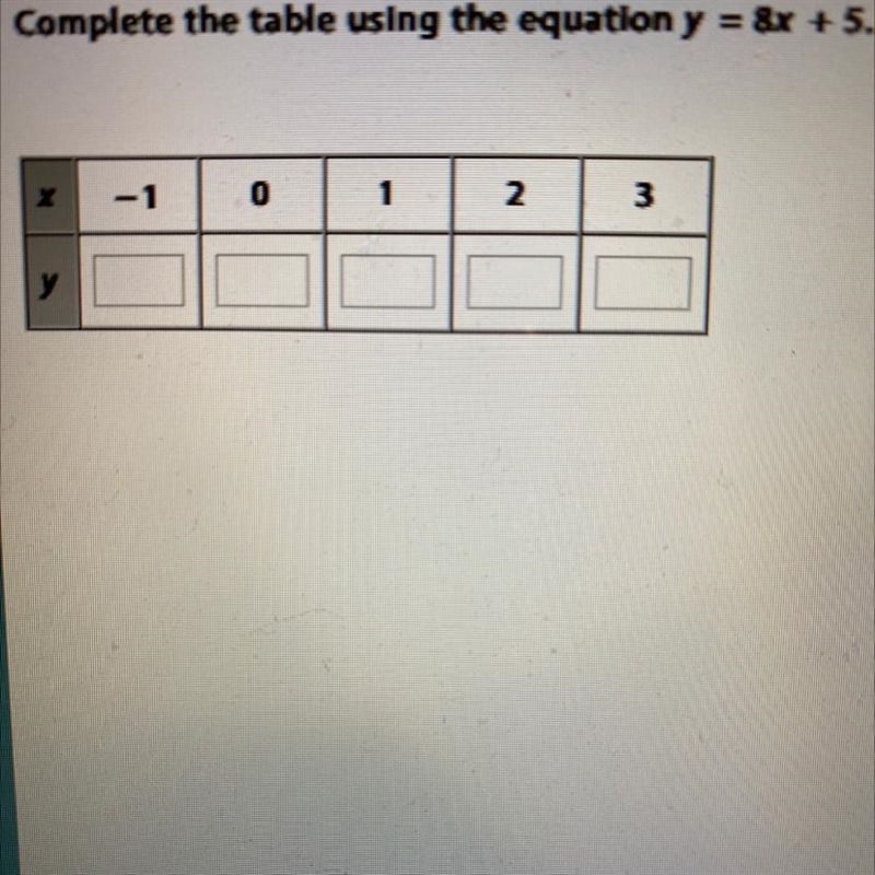 Complete the table using the equation y = 8x + 5. 0 2 3 у help please :)-example-1