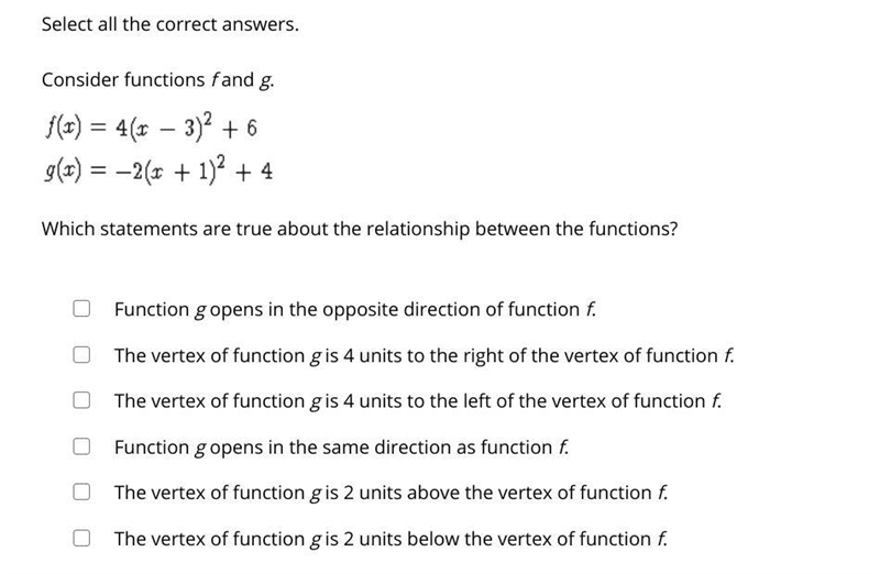 ON PLATO Select all the correct answers. Consider functions f and g. Attached Below-example-1