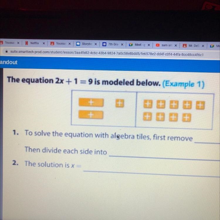 I neeeeeddd helpppp The equation 2x + 1 =9 is modeled below. 1. To solve the equation-example-1