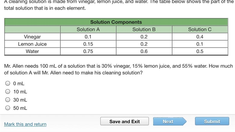 A cleaning solution is made from vinegar, lemon juice, and water. The table below-example-1