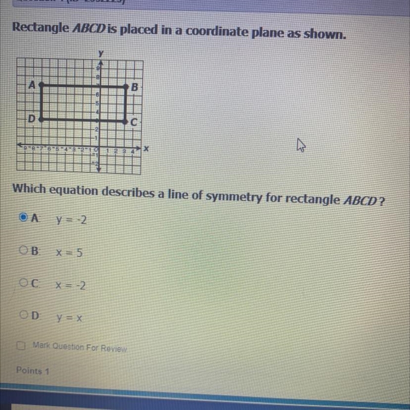 Which equation describes a line of symmetry for rectangle ABCD-example-1