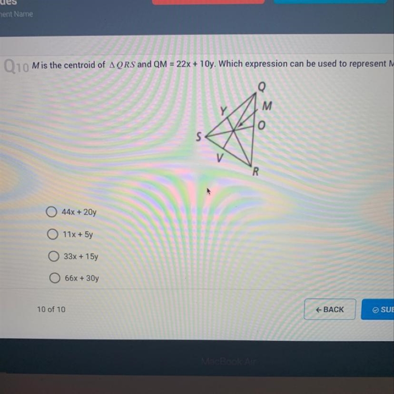 M is the centroid of triangle QRS and QM = 22x + 10y. Which expression can be used-example-1