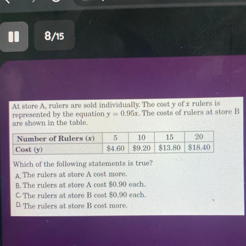 HELP PLEASEEEEEAt store A, rulers are sold individually. The cost y of x rulers is-example-1