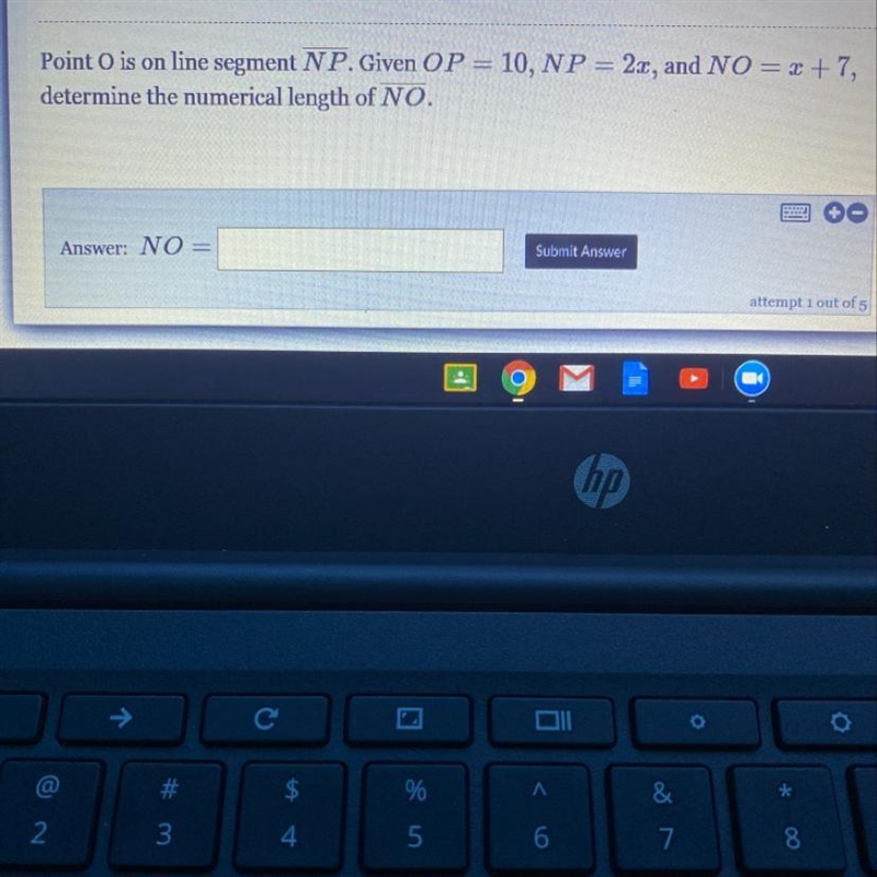 Point O is on line segment NP. Given OP = 10, NP = 2x, and NO = x +7, determine the-example-1