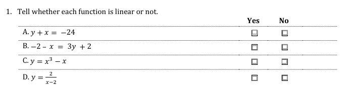 Please help me im so confused! Tell whether each function is linear or not.-example-1