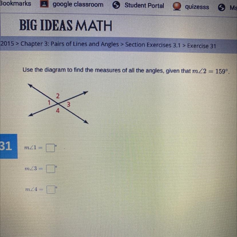 Use the diagram to find the measures of all the angles, given that m/2 = 159º. 2 3 4 m-example-1