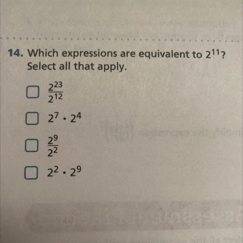 14. Which expressions are equivalent to 217 Select all that apply. 223 212 0 27.24 o-example-1