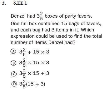 Denzel has 3 2/5 boxes of party favors. One full box contains 15 bags of favors and-example-1