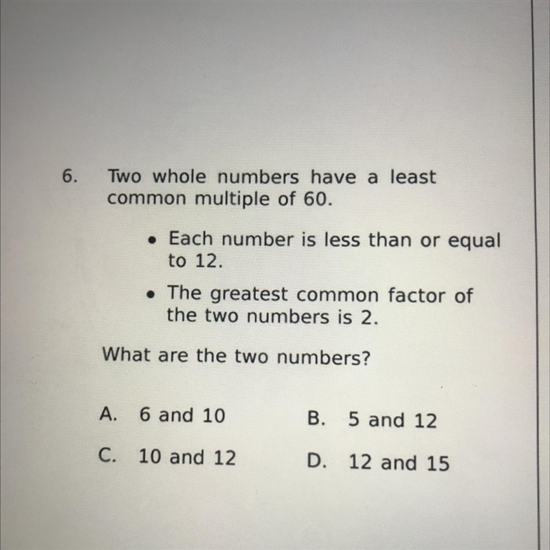 Two whole numbers have a least common multiple of 60. • Each number is less than or-example-1