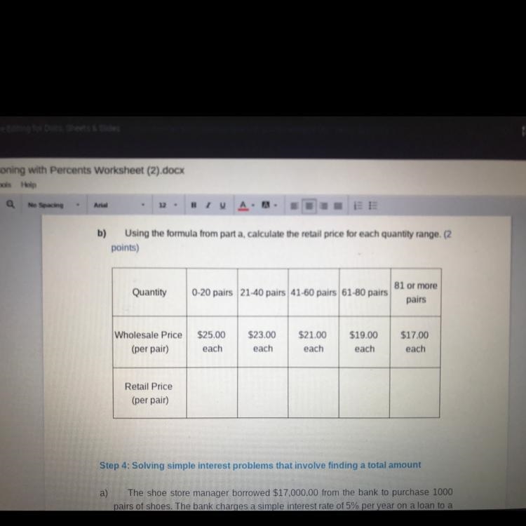 B) using the formula from part a, calculate the retail price for each quantity range-example-1