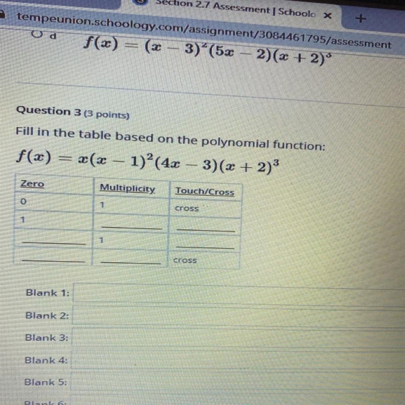 Fill in the table based on the polynomial function: f(x) = x(x - 1)^2(4x – 3)(+ 2)^3 10 pts-example-1