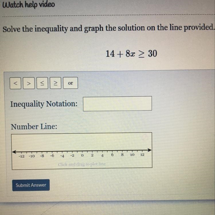 Solve the inequality and graph the solution on the line provided. 14 + 8x > 30 I-example-1