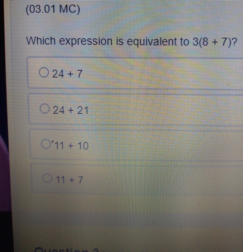 Which which expression is equivalent to 3(8+7) ..........​-example-1