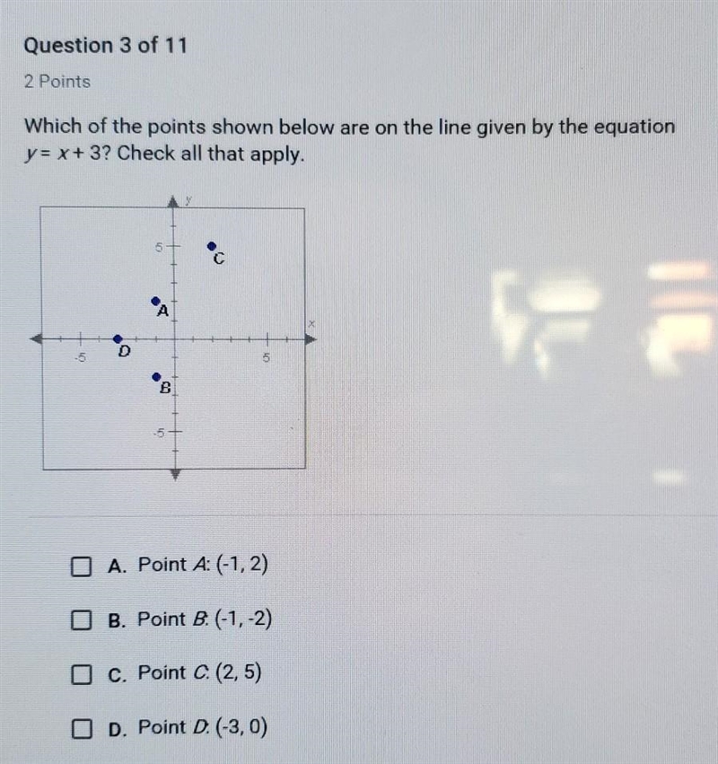 Which of the points shown below are on the line given by the equation y = x + 3​-example-1