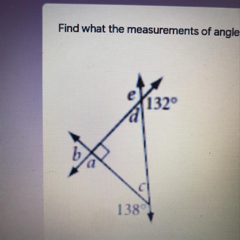 PLEASE HELP IM CONFUSED! Find what the measurements of angles a-c are and state the-example-1