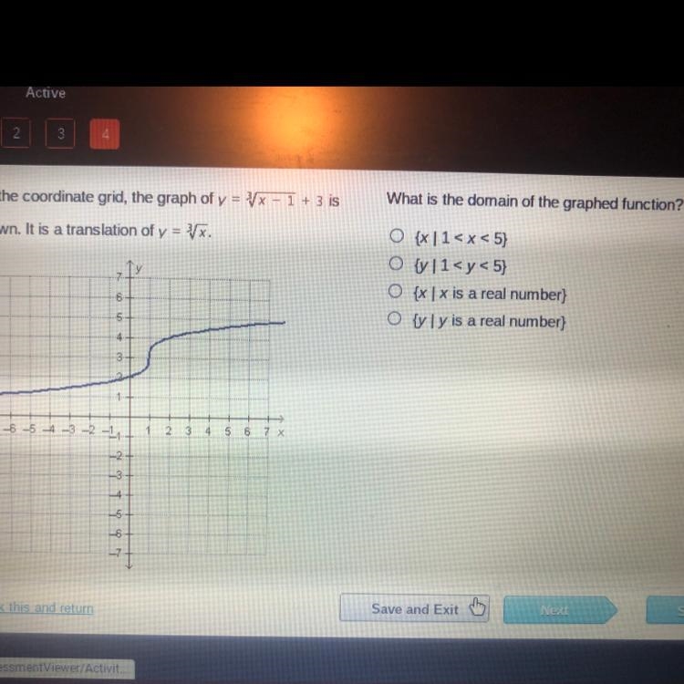 What is the range of the graphed function? {x |1< x < 5) y  x  y-example-1