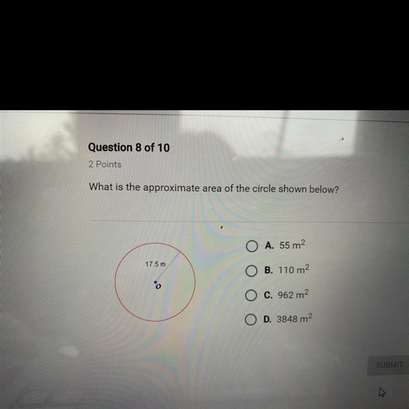 What is the approximate area of a circle show below?-example-1