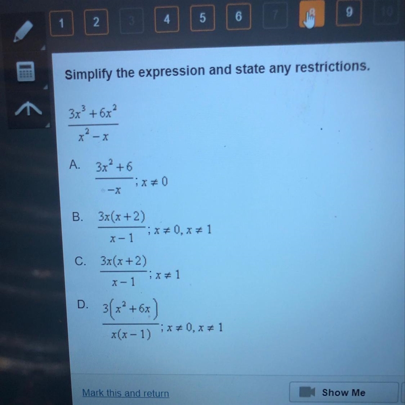 Simplify the expression and state any restrictions-example-1