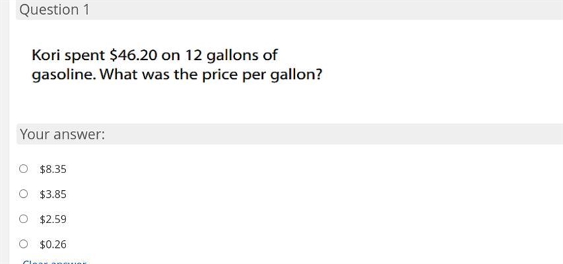 Kori spent 46.20 on 12 gallons of gas what was the price per gallon-example-1