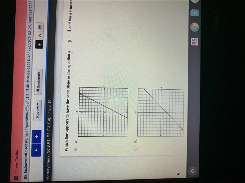 Which line appears to have the same slope as the equation x-y=4 and has a y-intercept-example-1