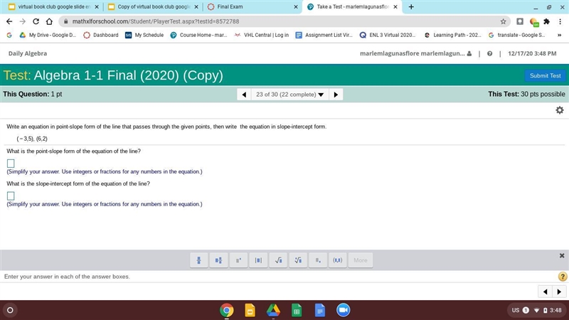 Write an equation in​ point-slope form of the line that passes through the given​ points-example-1