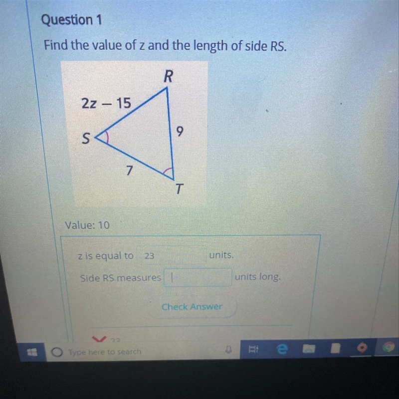 Find the value of z and the length of side RS. z is equal to__ units. Side RS measures-example-1